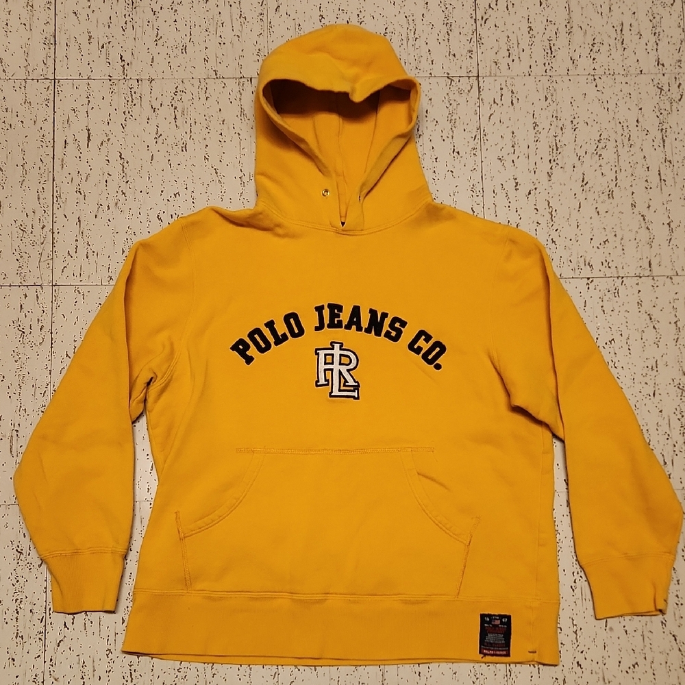 Polo Ralph Lauren Yellow Embroidered Spell Out Pullover Hoodie Vintage 90s